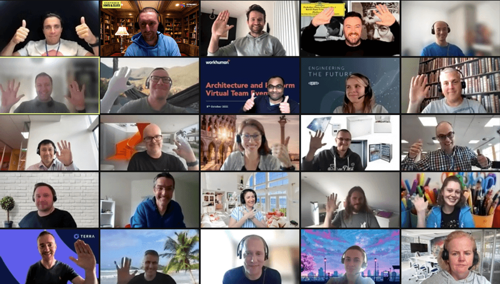Large group enjoying virtual team building event with smiling faces and engagement