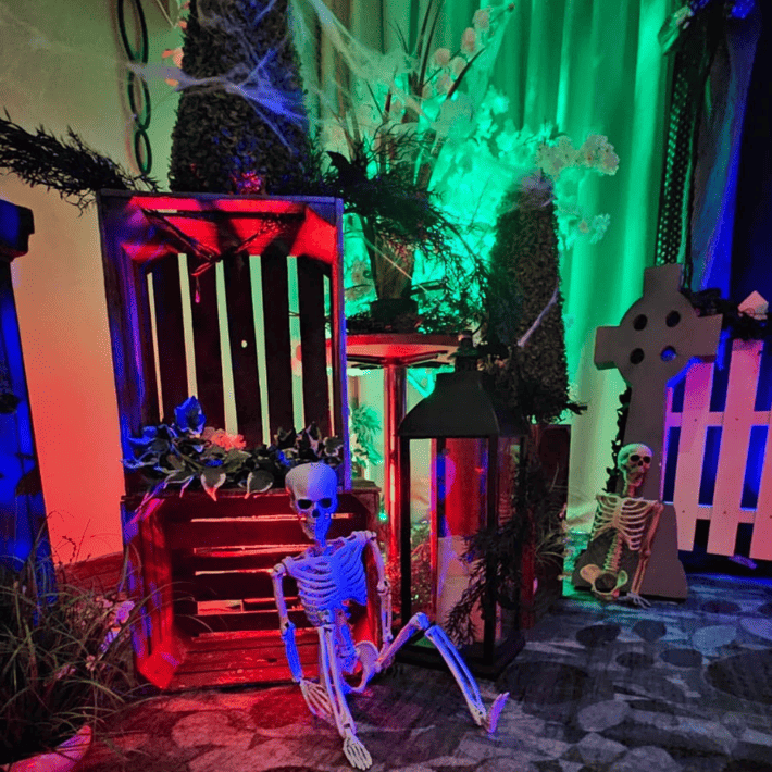 skeleton decoration sitting down