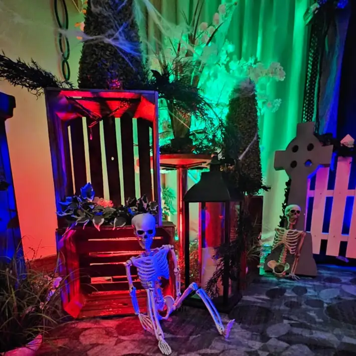 skeleton decoration sitting down 