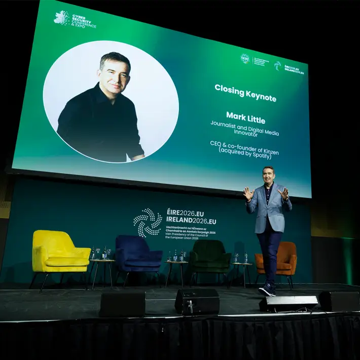 Closing keynote speaker presenting on stage at the Cyber Security Conference and Expo in Ireland