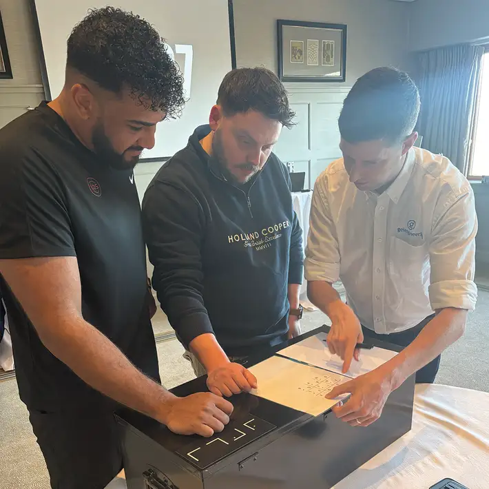 Senior leadership team taking part in Code Breaker team building activity at corporate offsite in Druids Glen Wicklow