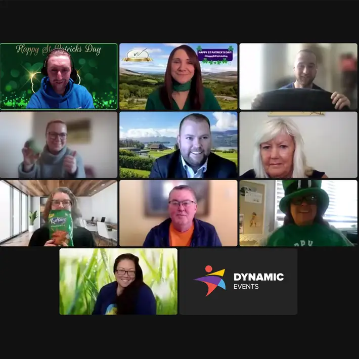 A virtual St. Patrick’s Day event hosted by Dynamic Events Ireland, featuring Wallace Travel and international corporate planners. Attendees engage in a lively, interactive session with themed backgrounds and activities.