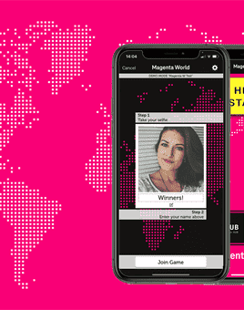 three iphones on magenta world map background