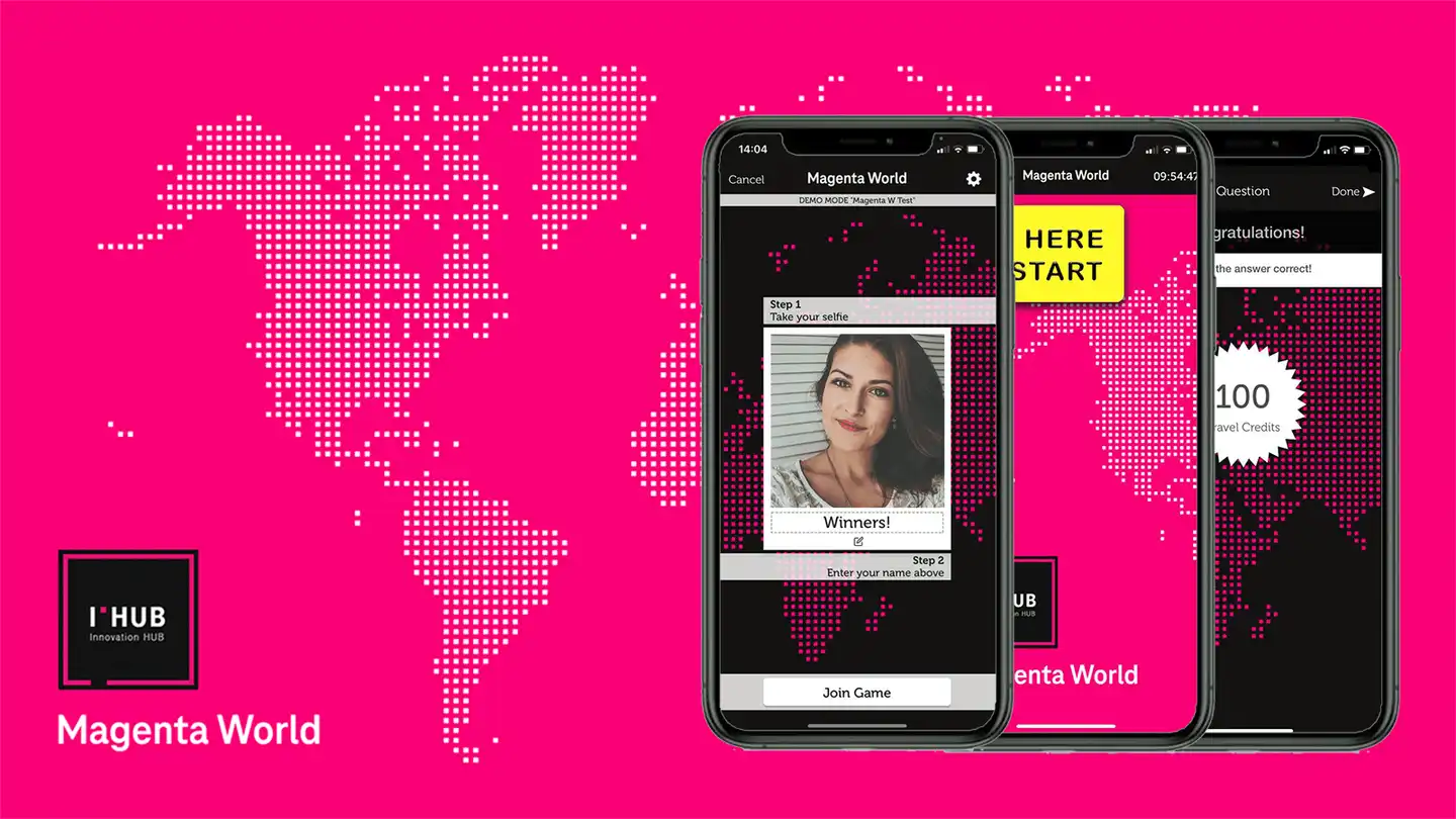 three iphones on magenta world map background