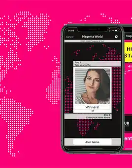 three iphones on magenta world map background